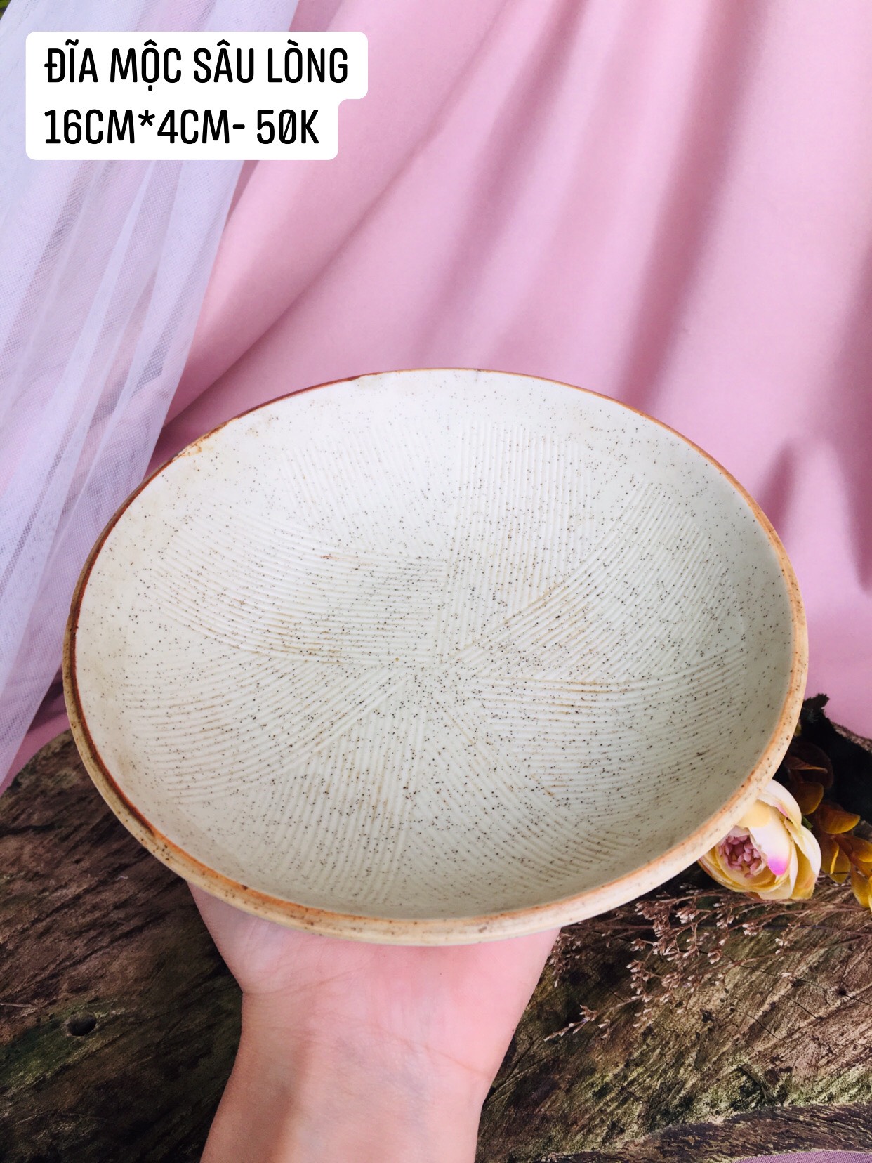 Gốm nhật - set đĩa mộc sâu lòng và chén đâm ớt tỏi