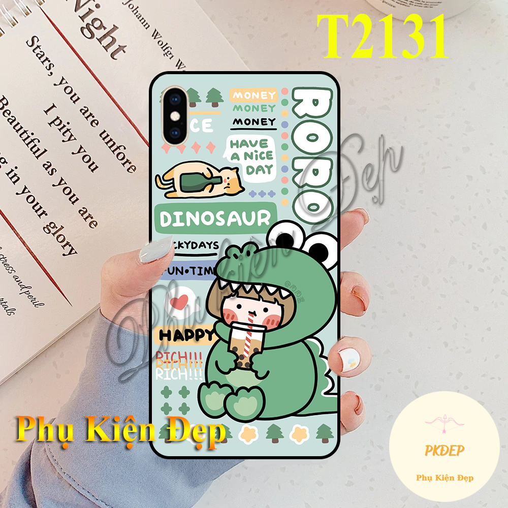 Ốp lưng iphone x/ iphone xs/ iphone xs max - ốp dẻo đen in hình khủng long xanh cute