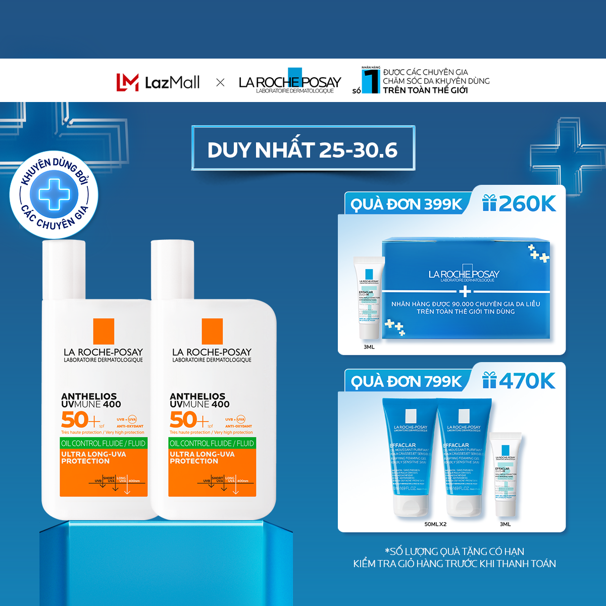 Bộ sản phẩm sữa chống nắng La Roche-Posay cho da dầu mụn Anthelios UVMUNE400 Fluid 50ml