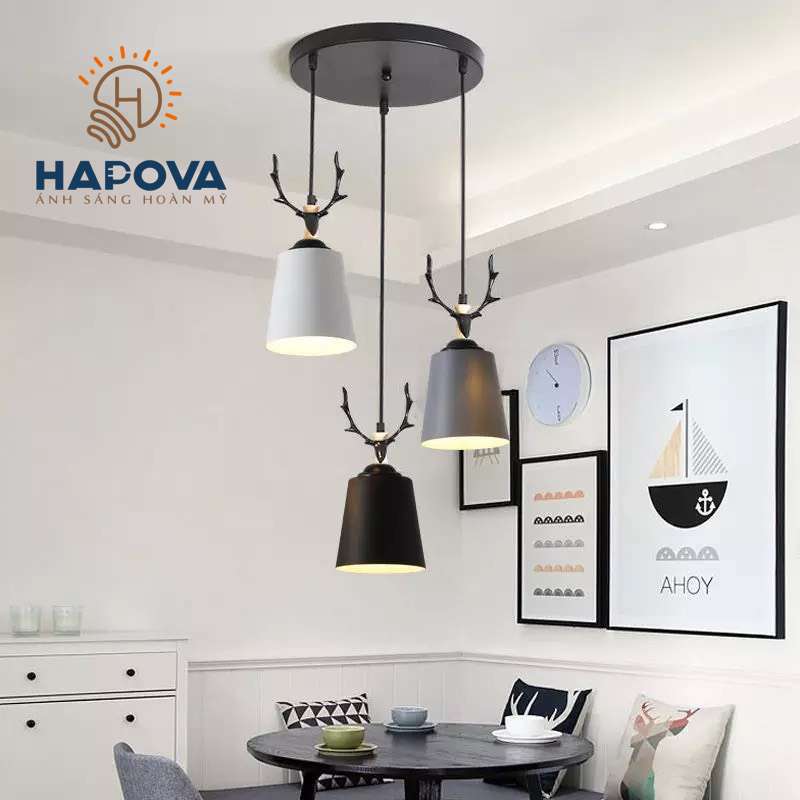 Đèn thả bàn ăn sừng hưu bộ 3 hapova lilia 5057/3 + kèm bóng led as vàng
