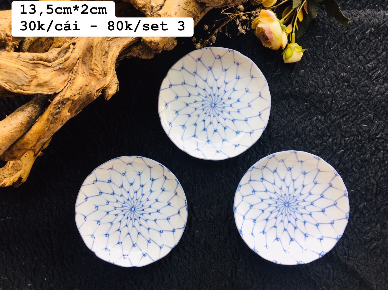 Gốm nhật - set 3 đĩa lưới men lam, chất sứ trong đẹp