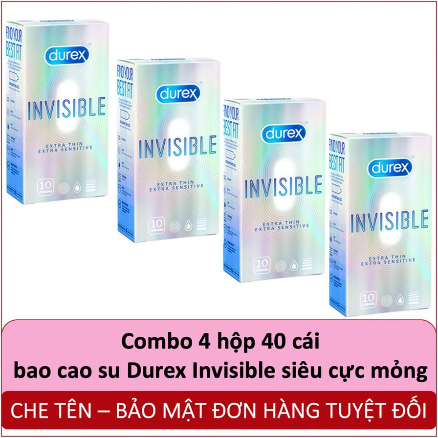 Bộ 4 hộp bao cao su Durex Invisible (10 bao/hộp, size 52mm) + Tặng 1 hộp Gel