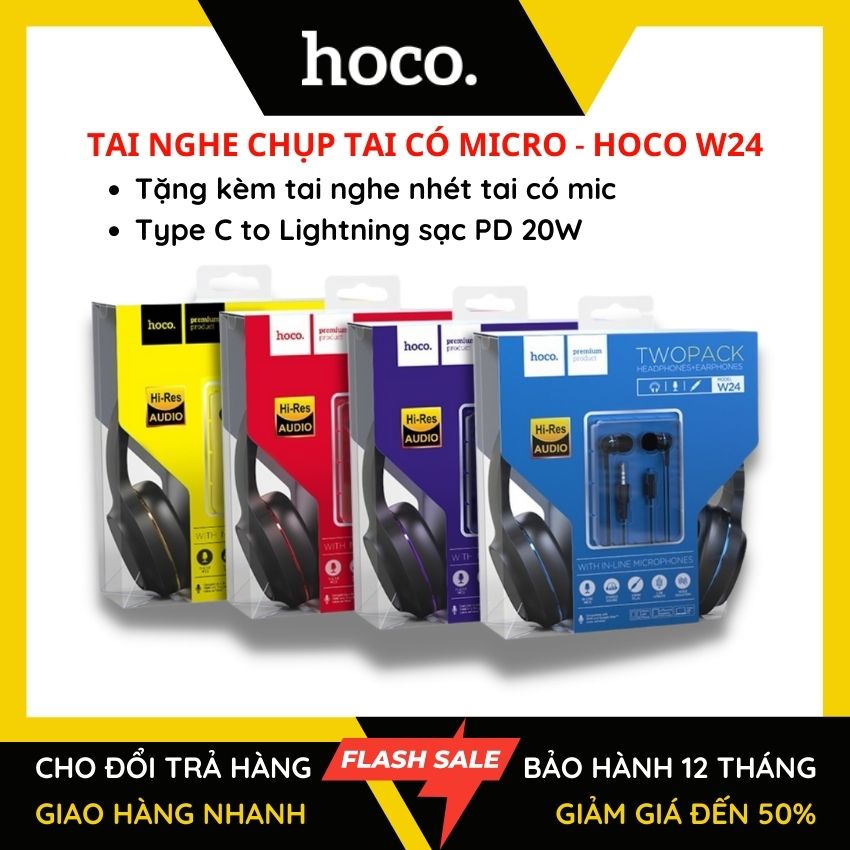 Tai Nghe chụp tai chơi game học online HOCO W24 có micro đàm thoại kết nối jack 3.5mm dây dài 1.2m, TẶNG tai nghe có mic jack 3.5 - KAMTrading
