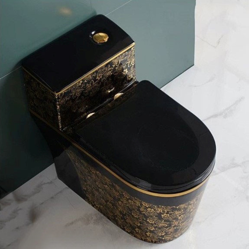Bồn cầu màu đen hoa văn bông vàng kiểu cấu trúc 1 khối sang trọng, nước xả mạnh mã 03HT