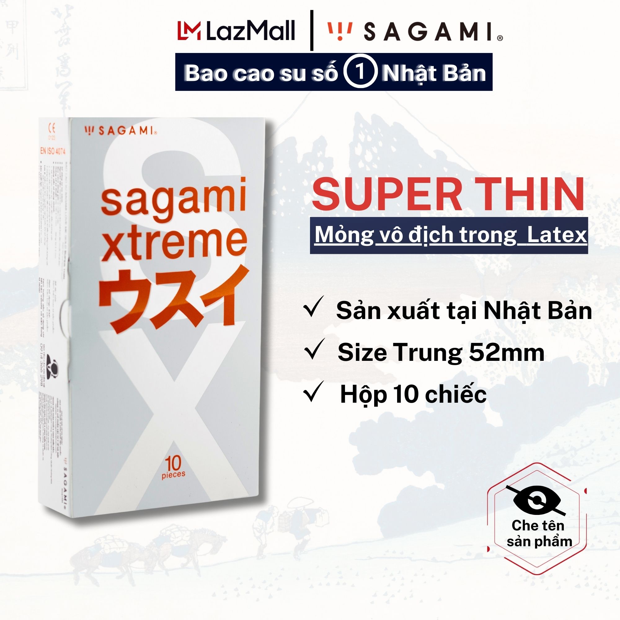 Bao cao su Sagami Superthin baocao su hàng siêu mỏng co dãn tốt không mùi cỡ trung 52