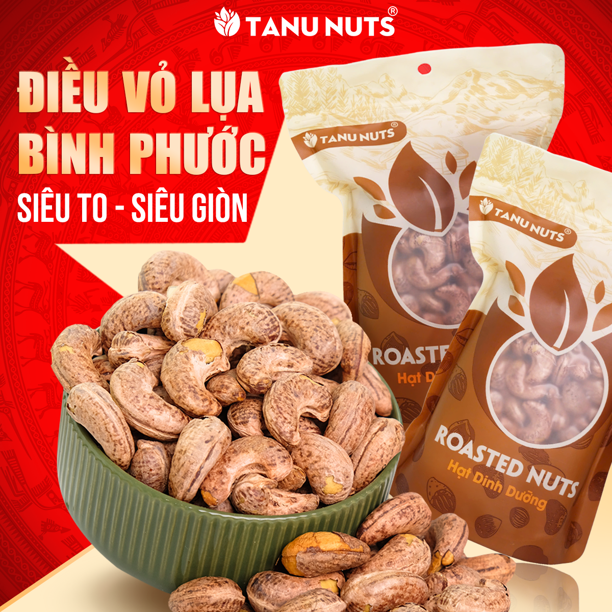 Hạt điều rang muối nguyên hạt TANU NUTS điều vỏ lụa Bình Phước A180 giàu dinh dưỡng 500g