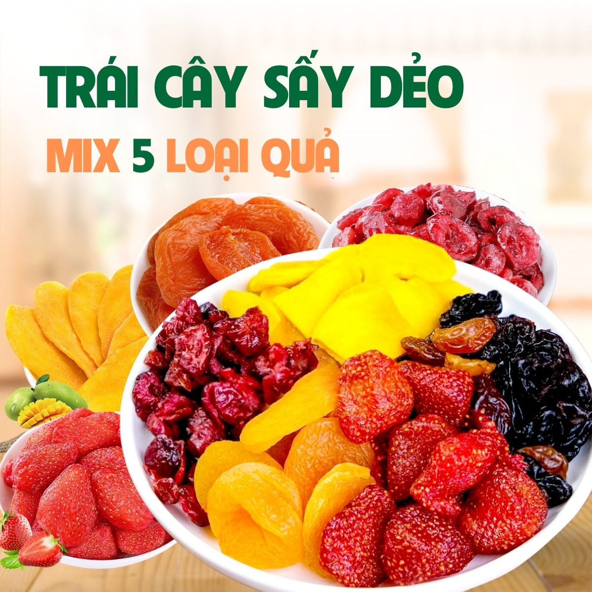 Trái cây sấy dẻo chua ngọt ăn vặt không đường mix 5 loại quả Xoài, Dâu Tây, Mơ, Nho, Nam Việt Quất 500g