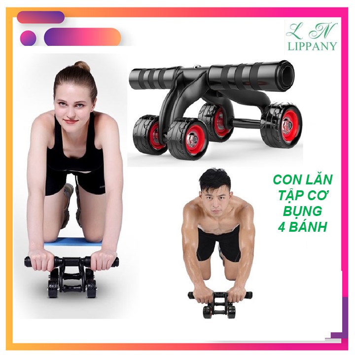 Con lăn tập cơ bụng 4 bánh, dụng cụ tập thể hình tập gym, dụng cụ tập cơ bụng
