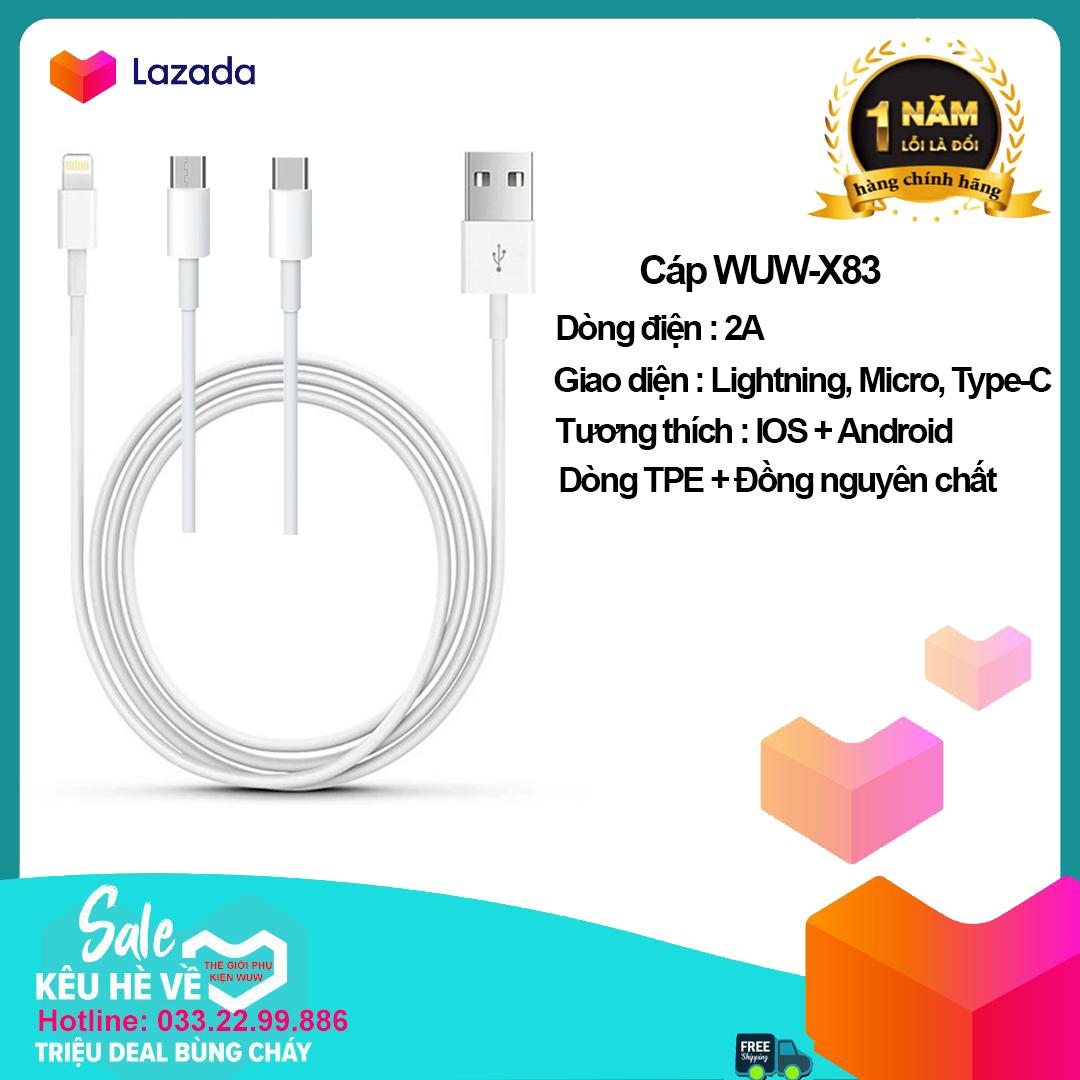 Cáp sạc nhanh 2A X83 với 3 giao diện Lightning, Micro, Type-C tương thích với nhiều thiết bị