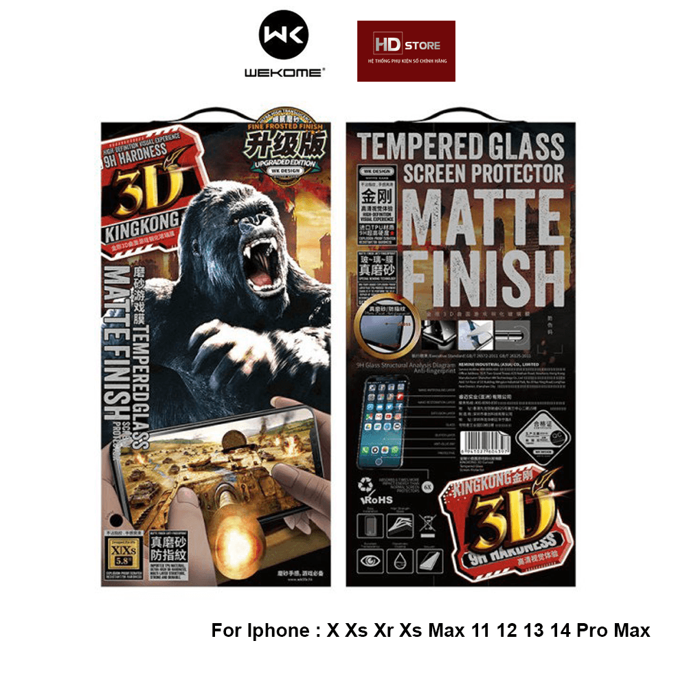 Kính Cường lực KingKong Nhám AG Chống Vân Tay chơi Game 3D hãng WK Wekome cho Iphone 7 8 Plus X Xs Max 11 12 13 14 Pro Max HDStore 