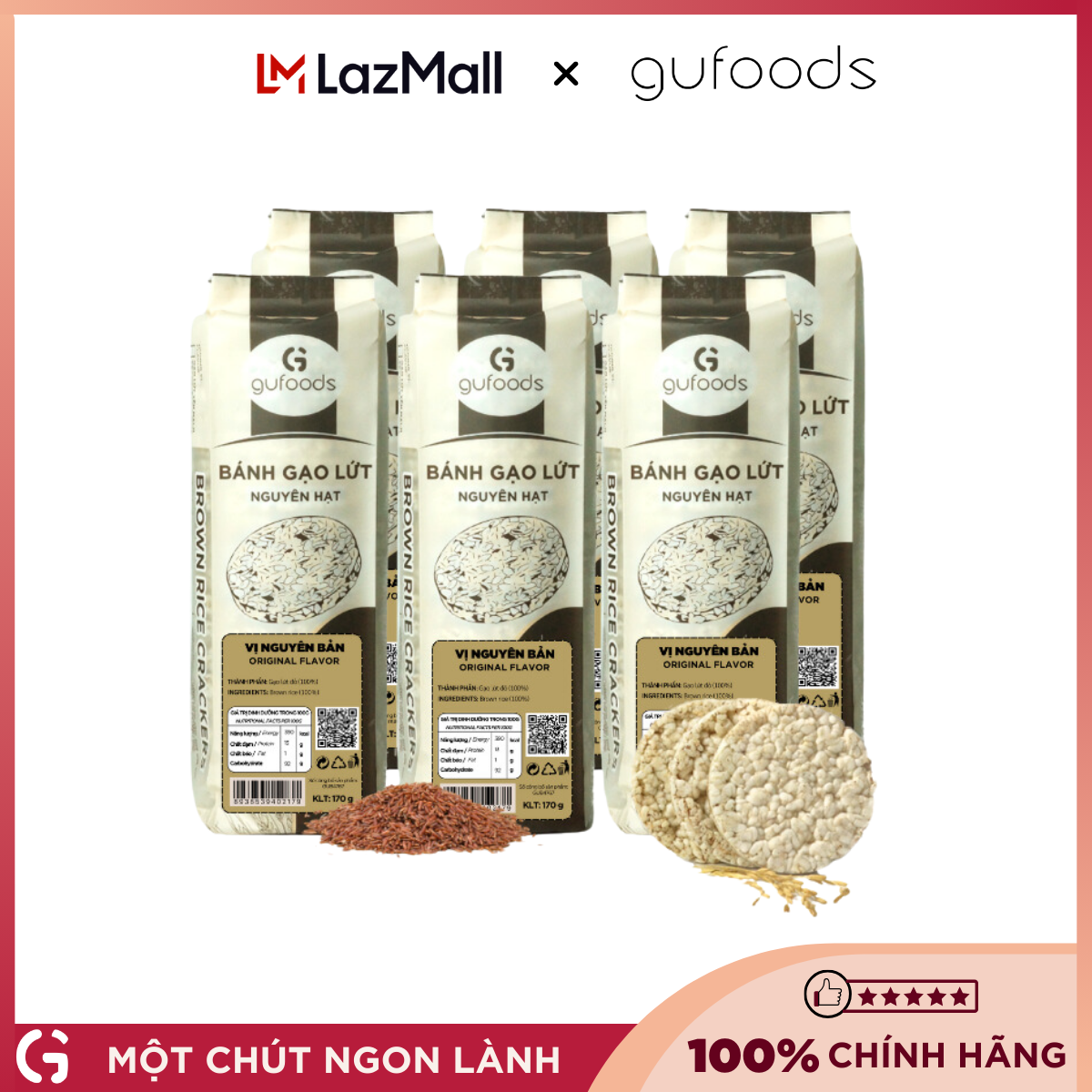 Combo 2 gói Bánh gạo lứt nguyên bản ăn kiêng, tập GYM GUfoods (mỗi gói 510g = 54 bánh)