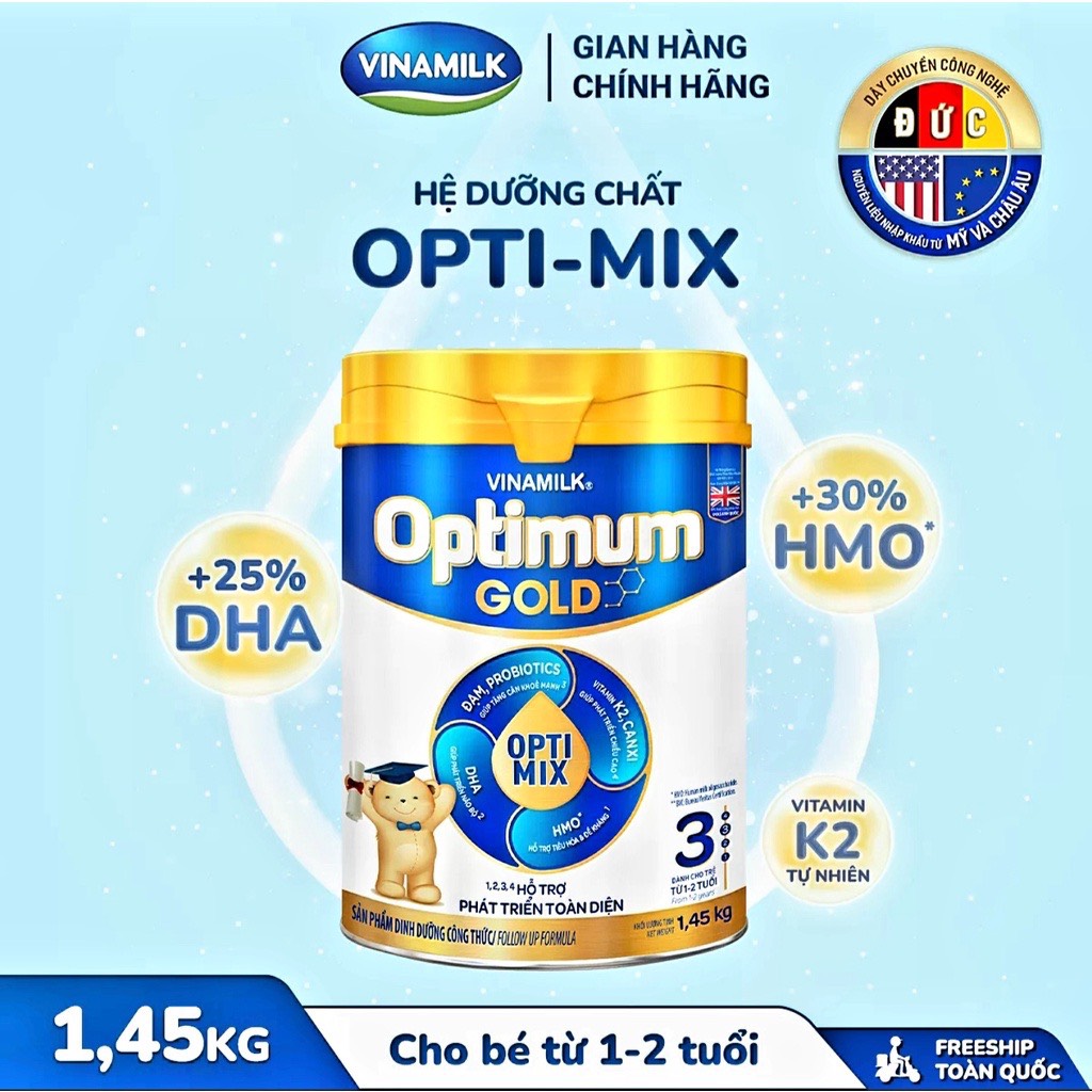 Sữa Bột Vinamilk Optimum Gold 3 Lon 1.45kg - Dành cho bé 1-2 tuổi - HSD luôn mới