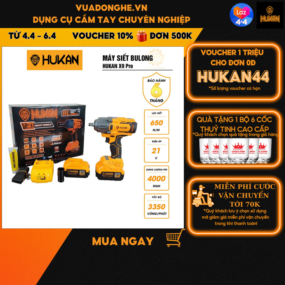 Máy siết bulong hukan x9 pro lực siết 650nm khẩu dài 10 cái