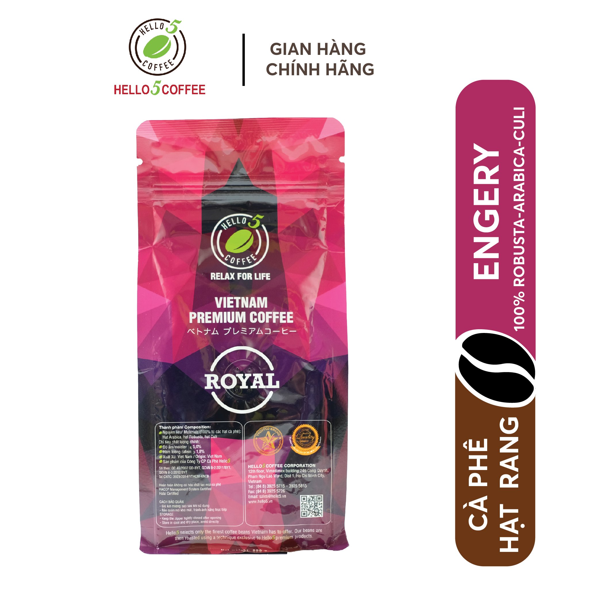 Cà phê nguyên chất túi zipper royal hello 5 coffee - túi 250g