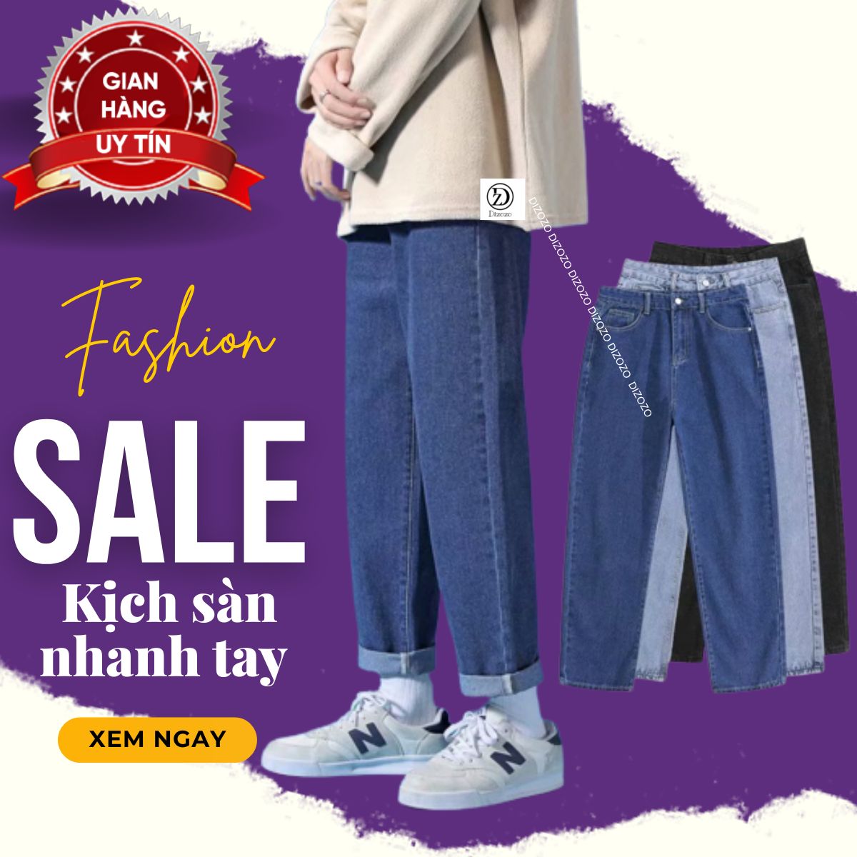 Quần jean nam baggy ống rộng xanh -quần jean Dizozo