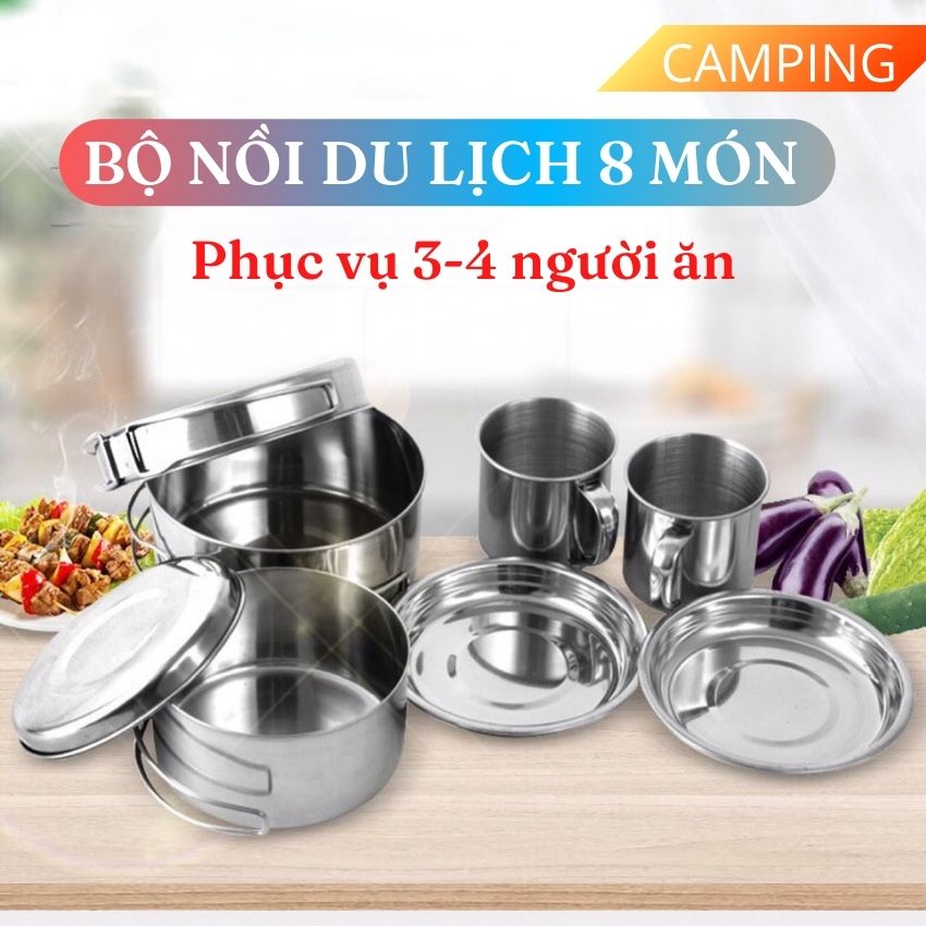 Bộ Nồi Du Lịch 8 Món Nồi Inox Cắm Trại Dã Ngoại Gấp Gọn-NDL8