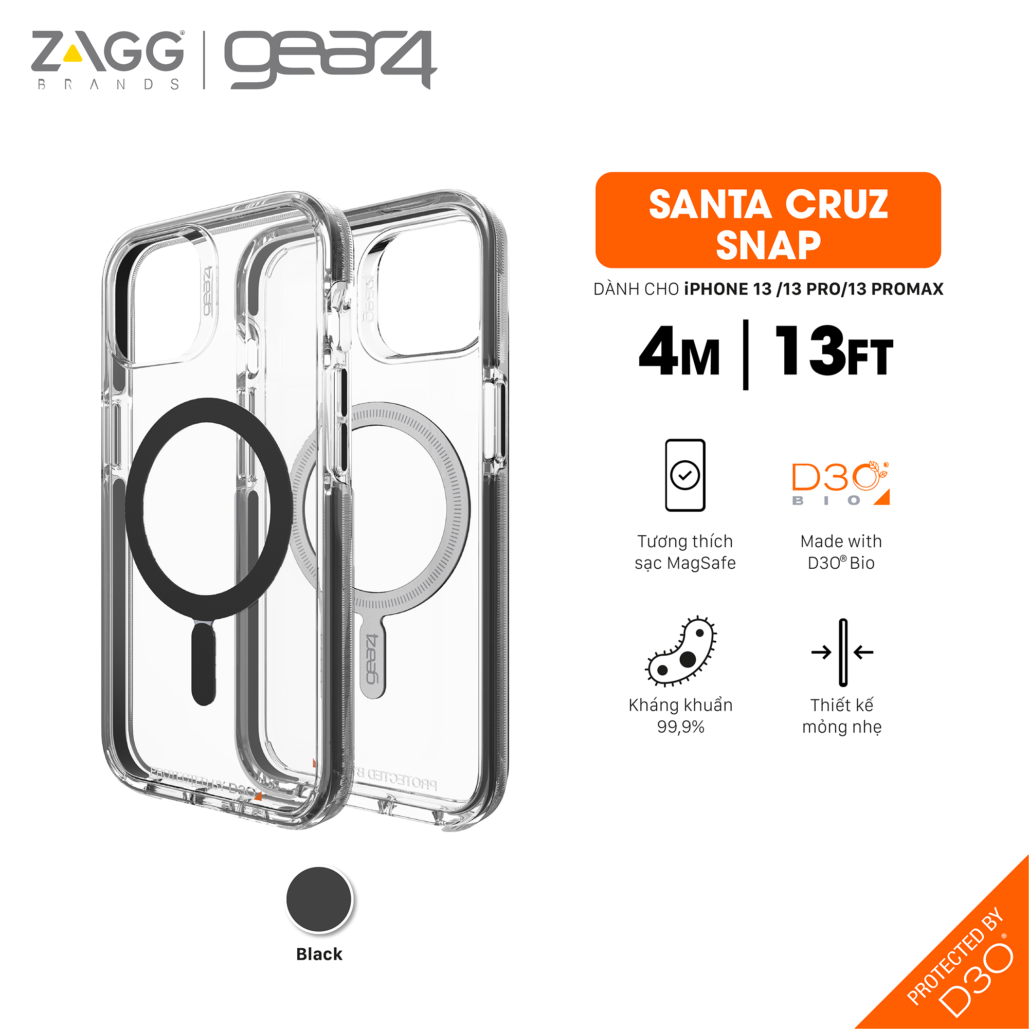 Ốp lưng chống sốc Gear4 D3O Santa Cruz Snap 4m hỗ trợ sạc Magsafe cho iPhone 13 series