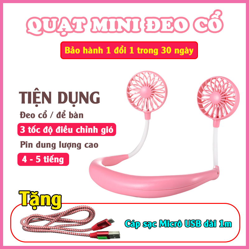 [Vouchers tích lũy] Quạt tích điện đeo cổ cầm tay chữ U mini thể thao cao cấp, ba tốc độ gió, dùng liên tục 4-8h nhỏ, nhẹ tiện dụng đi du lịch, chân sạc điện thoại Micro USB, chất liệu nhựa ABS siêu bền + Tặng kèm dây cáp sạc 1 mét