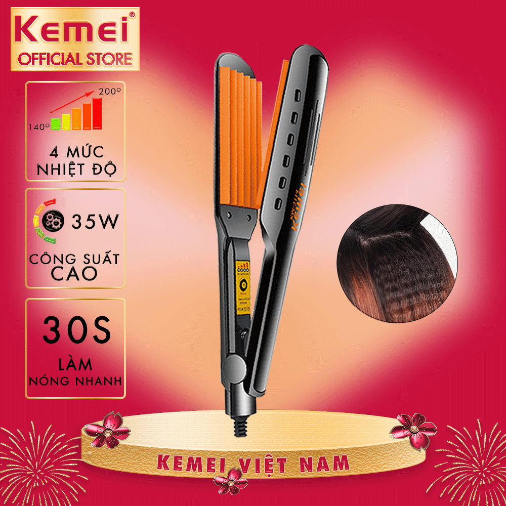 Máy bấm xù tóc Kemei KM-3114Y điều chỉnh 4 mức nhiệt sử dụng được cho mọi loại tóc dùng bấm phồng chân tóc, dập xù - Hàng chính hãng
