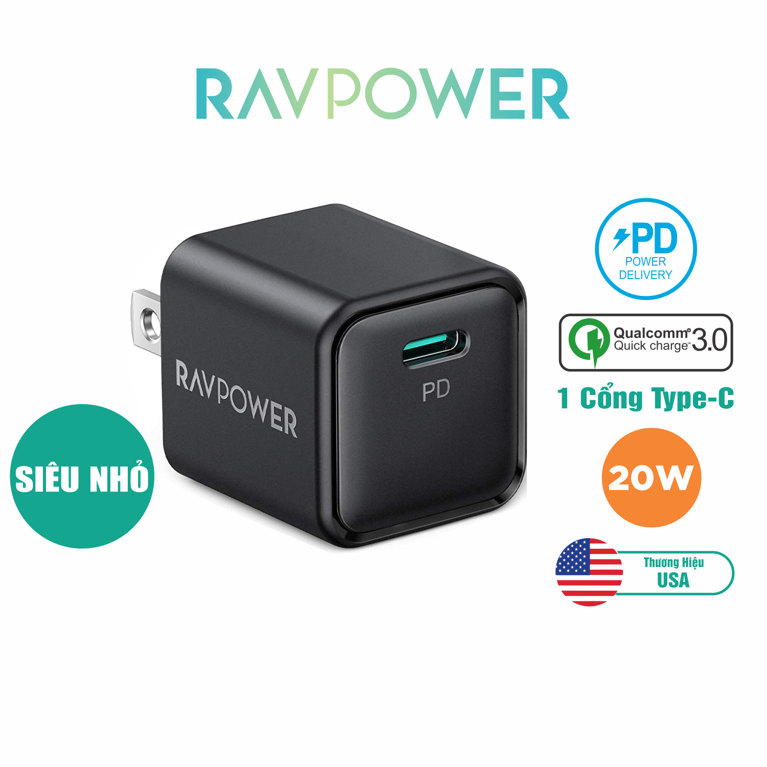 Củ sạc nhanh RavPower RP-PC150 20W PD/PPS/QC siêu nhỏ
