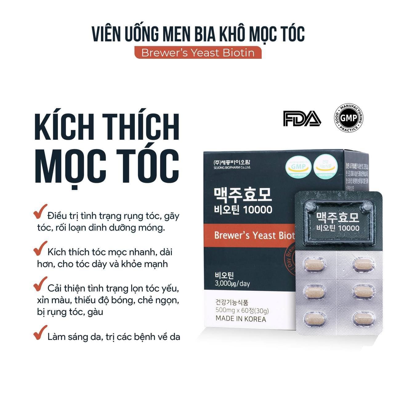 Biotin kích mọc tóc men bia khô Brewer’s Yeast 60 viên x x10000mg, giảm rụng tóc, gãy tóc, kích thích mọc tóc