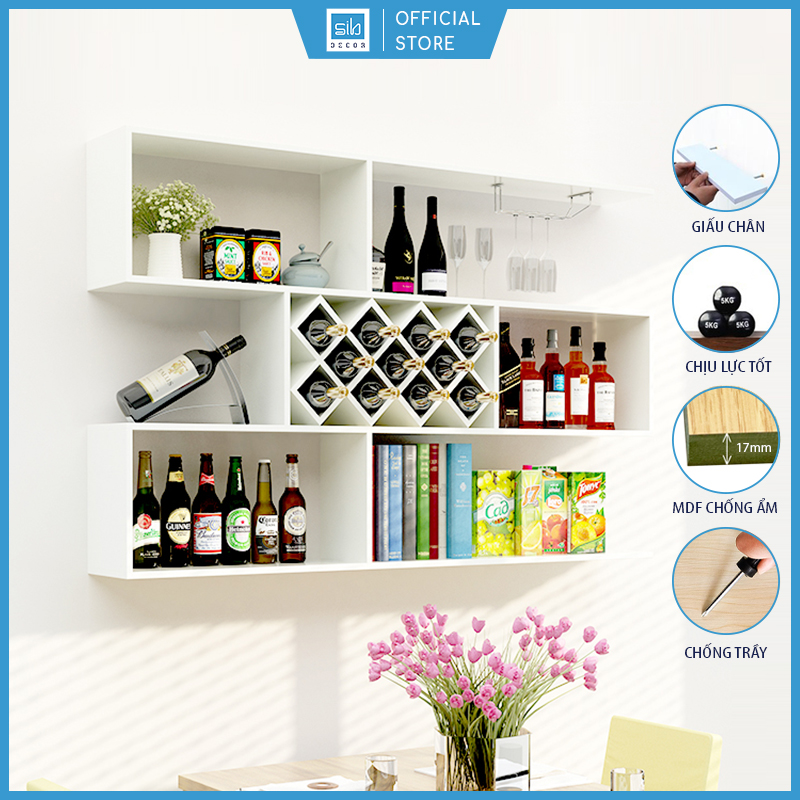 Kệ Gỗ Treo Tường Để Chai Vang 3 Tầng SIB DECOR KR03 Với 11 Ngăn Đựng Chai Để Nằm Và Giá Treo Ly