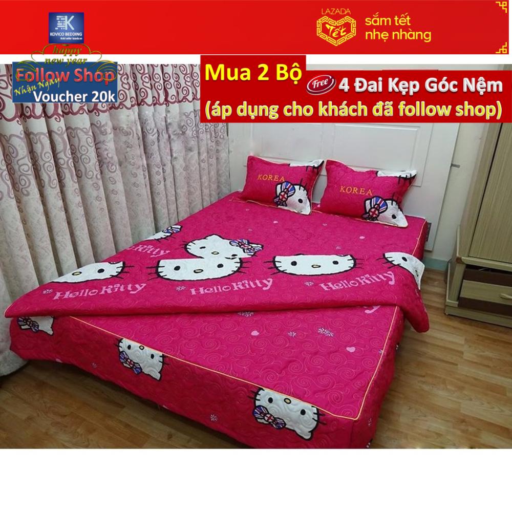 (FreeShip MAX) Trọn Bộ Chăn Ga Gối Phủ Rèm Kitty Cờ Anh ( Hồng Đậm)