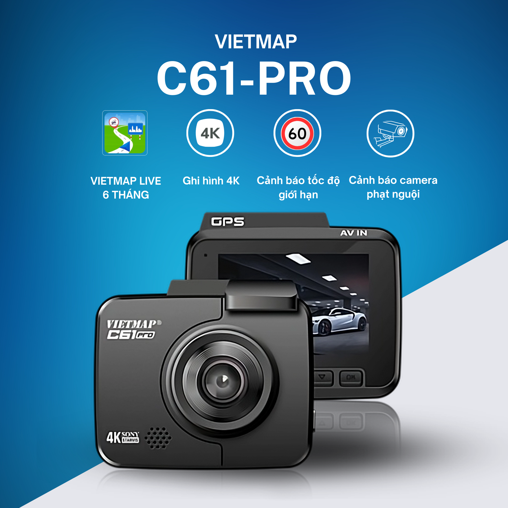 CAMERA HÀNH TRÌNH VIETMAP C61PRO, CẢNH BÁO GIAO THÔNG, Tặng VIETMAP LIVE PRO, GHI HÌNH 4K,...