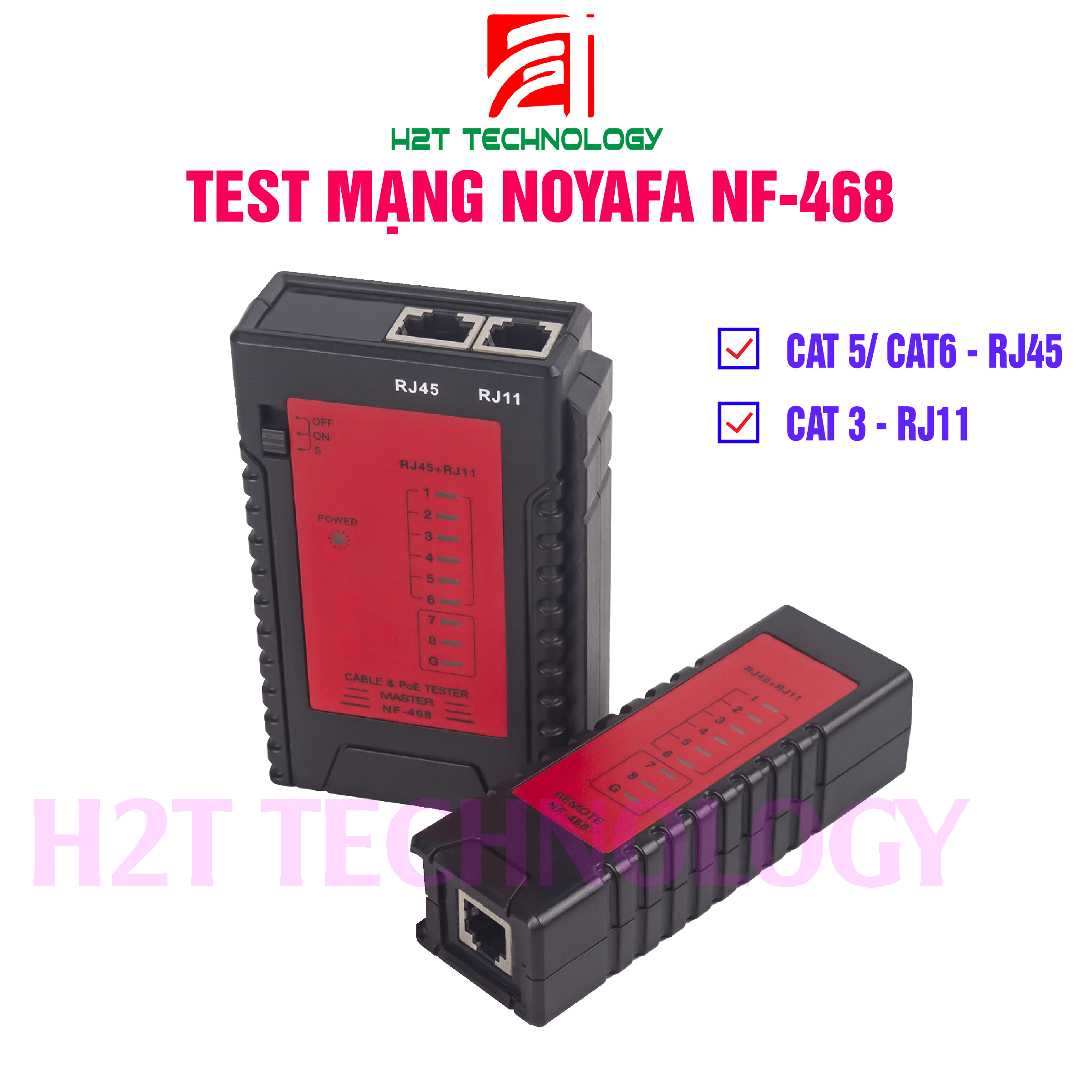 Máy test mạng Noyafa NF-468, kiểm tra cáp mạng RJ45, cáp điện thoại RJ11, hiển thị đèn Led- Hàng chính hãng