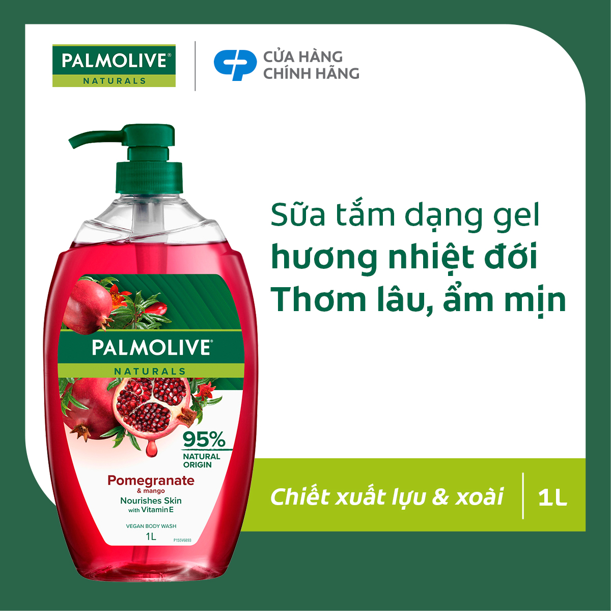 Sữa tắm Palmolive dạng gel chiết xuất Lựu  Xoài và Muối biển cho da mềm mịn, thơm sảng khoái 1L