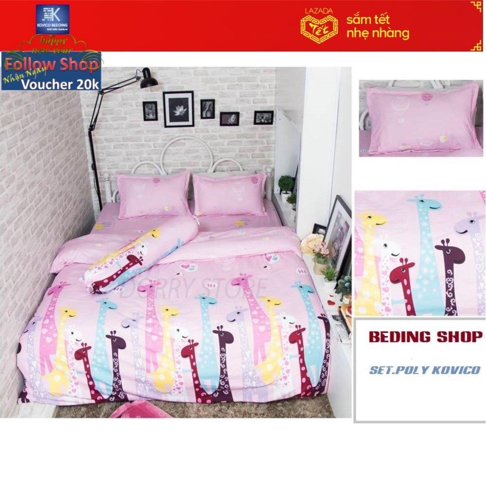Bộ chăn ga gối cotton poly kovico hươu hồng 1m6x2m