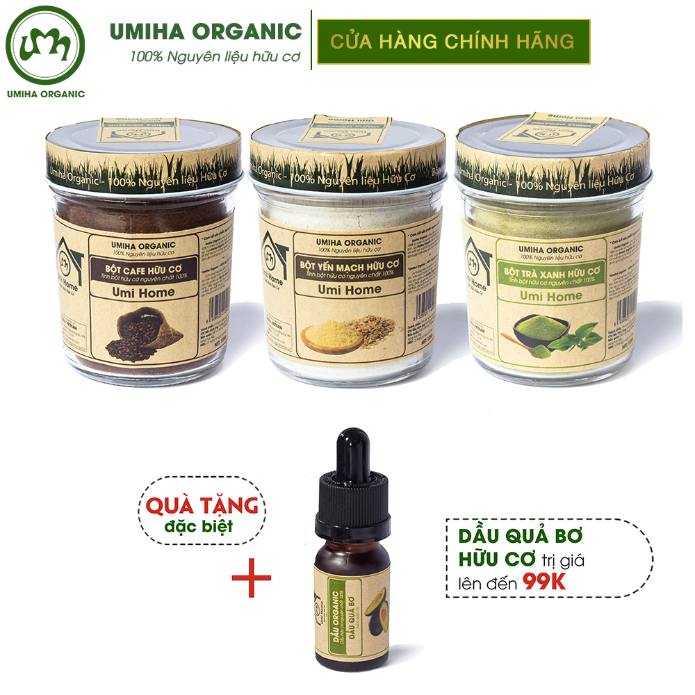Combo 3 Bột đắp mặt Tẩy Da Chết Và Dưỡng Da Hữu Cơ gồm Bột Cafe, Yến Mạch, Trà Xanh nguyên chất 135g UMIHOME - Tặng dầu Quả Bơ 10ml nguyên chất