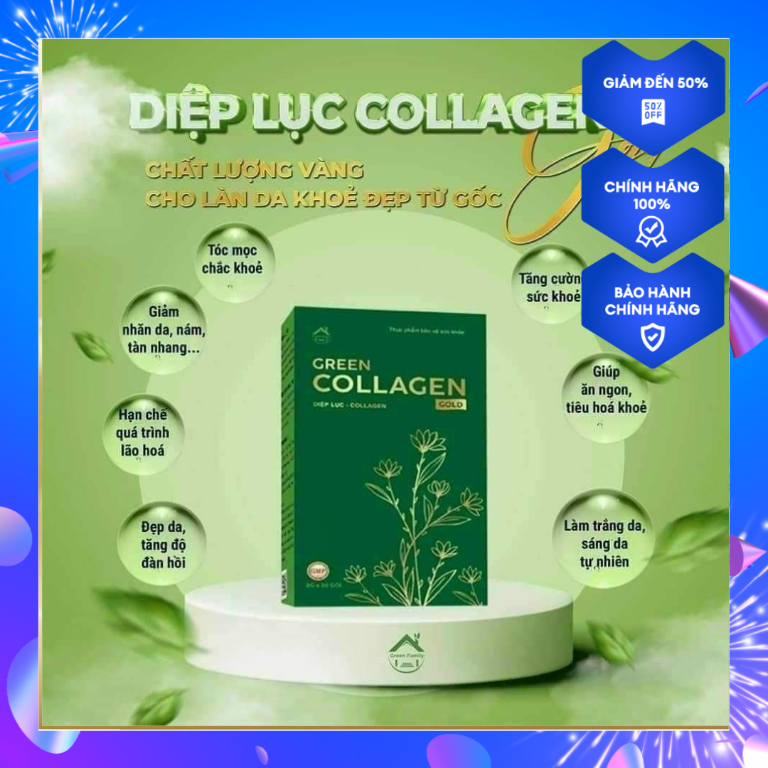 Diệp lục collagen gold phiên bản mới hộp 30 gói giúp mát da, giảm mụn, nám, tàn nhang