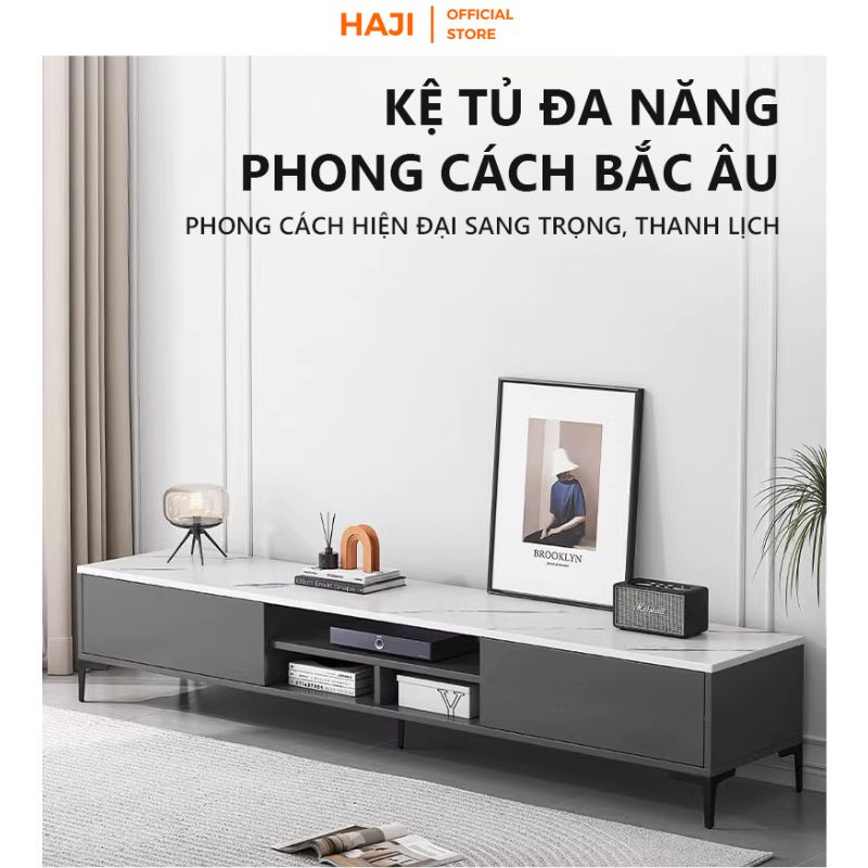 Kệ tivi để sàn chân sắt cao cấp, kệ tivi phòng khách mặt gỗ vân đá chống ẩm mốc thương hiệu HAJI - AP297