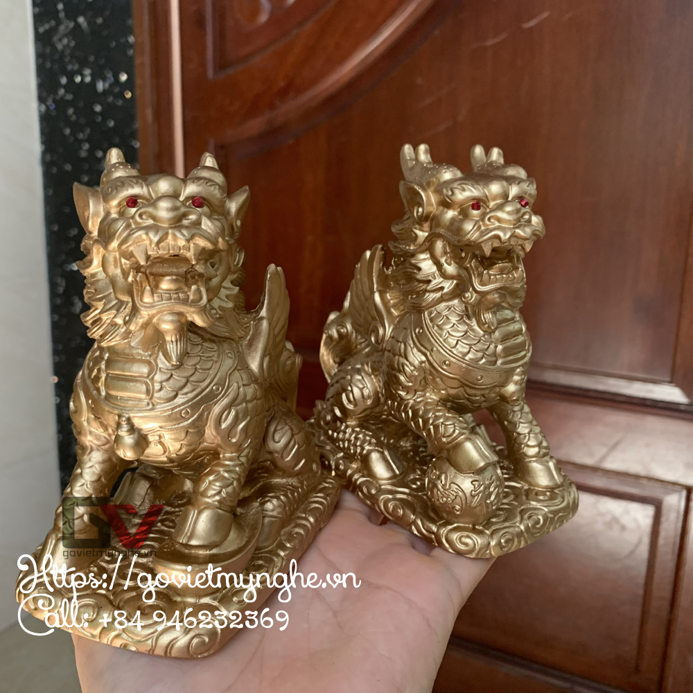 [HCM]Cặp Tượng Đá Tỳ Hưu Phong Thủy 2 Sừng - Màu Nhũ Vàng - Cao 12cm