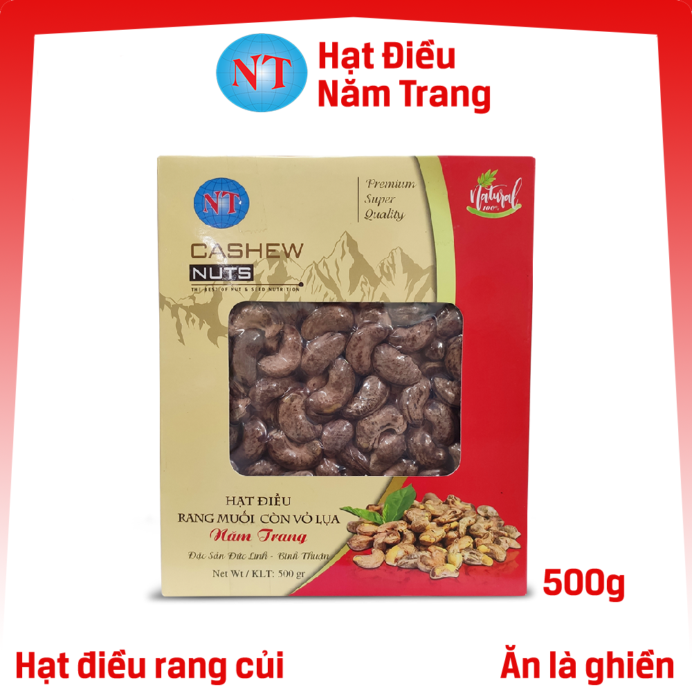 (Hộp giấy 500g) Hạt Điều Rang Muối Còn Vỏ Lụa NĂM TRANG