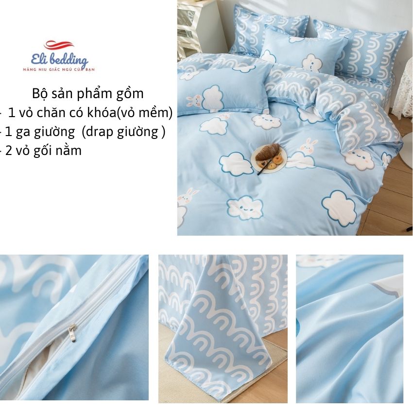 [Tặng quà  30k] Bộ chăn ga cotton poly Hàn Quốc Mây xanh Eli bedding CG07 , cotton mềm mịn, không nhăn, không phai màu, không có rút khi giặt máy,  tặng 1 vỏ gối ôm kt 35x105cm bất kỳ