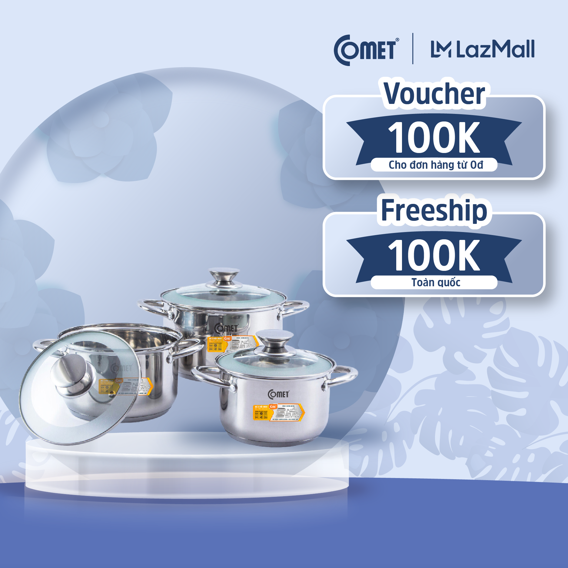 Bộ 3 Nồi INOX 5 đáy cao cấp COMET CH36-01, dùng được mọi loại bếp, kich thước 16cm, 20cm, 24cm, thiết kế nắp có quai cong - Hàng Chính Hãng