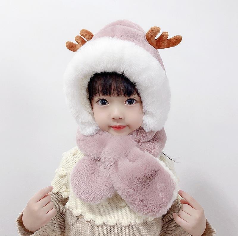 Mũ len cho bé trai gái chùm đầu kèm khăn dễ thương mùa đông cực ấm có hai sừng hươu thích hợp bé từ 2 tuổi - 7 tuổi