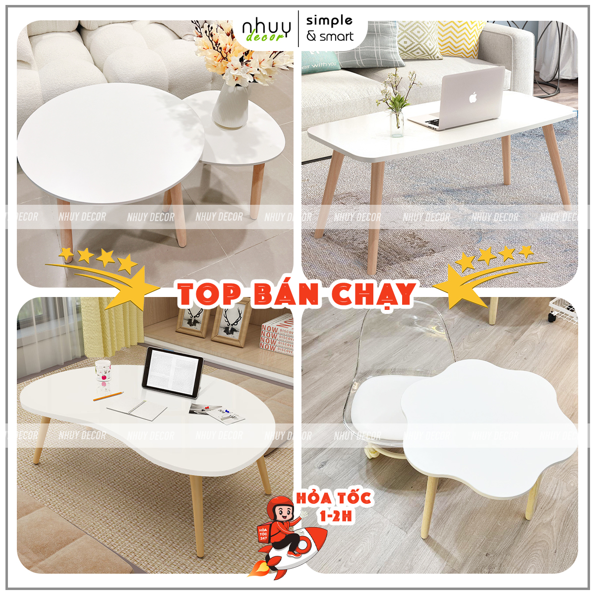 Bàn trà ngồi bệt - bàn trà sofa Nhu Y Decor mặt gỗ - Bàn sofa chân gỗ phong cách hiện đại tròn, tam giác, hạt đậu