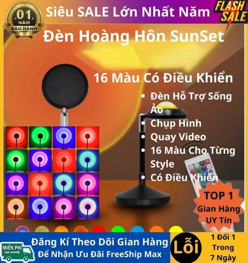 Đèn Hoàng Hôn 16 Màu có Remote Điều Khiển - Đèn Quay Tik Tok, Livestream Màu Sắc Lung Linh, Huyền Ảo
