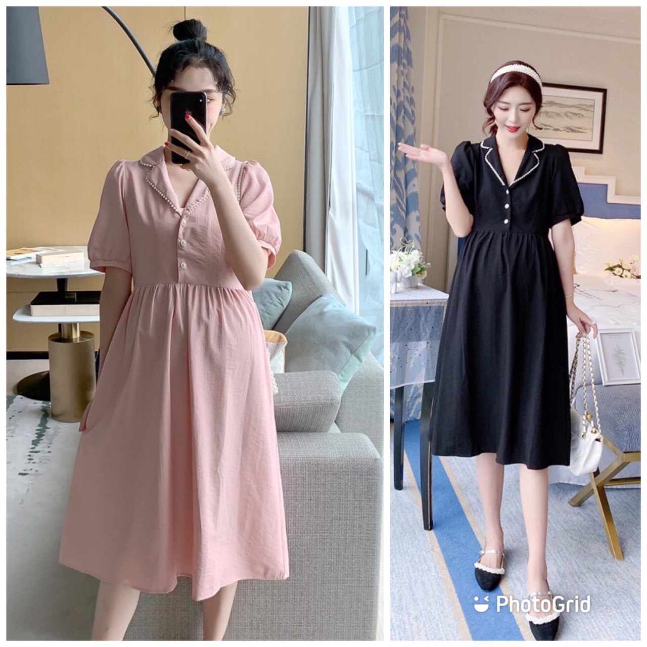 Váy bầu dáng xòe đầm bầu dễ thương cổ vest hồng đen full size S/M/L