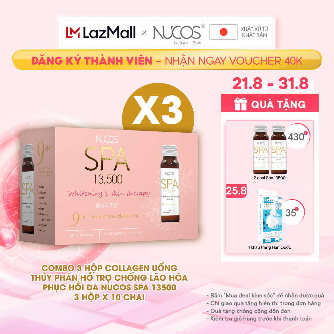 Combo 3 Hộp Collagen uống thủy phân chống lão hóa phục hồi da Nucos Spa 13500​ hộp 10 chai x 50ml