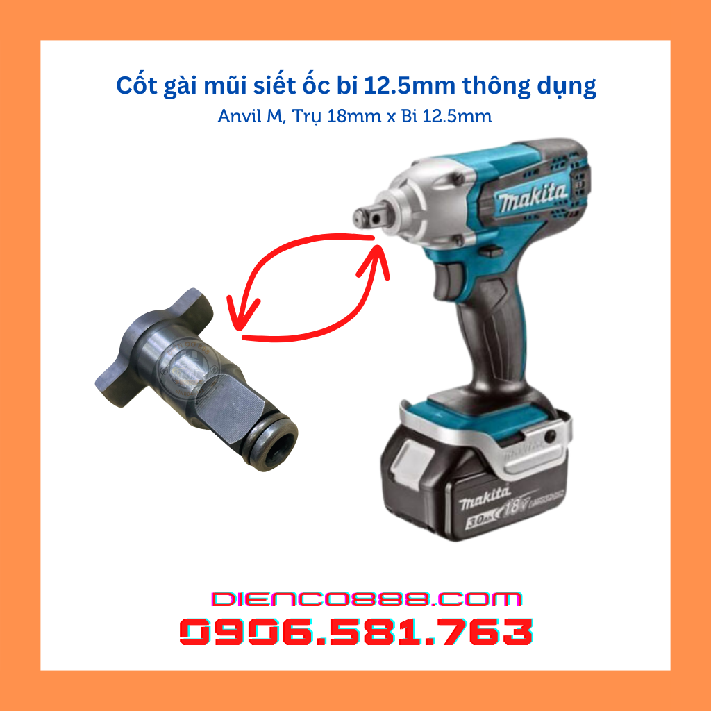 (Anvil) Trục - cốt gắn khẩu chữ T máy siết ốc bulong thân 18mm - Lỗ bi ø12.5mm
