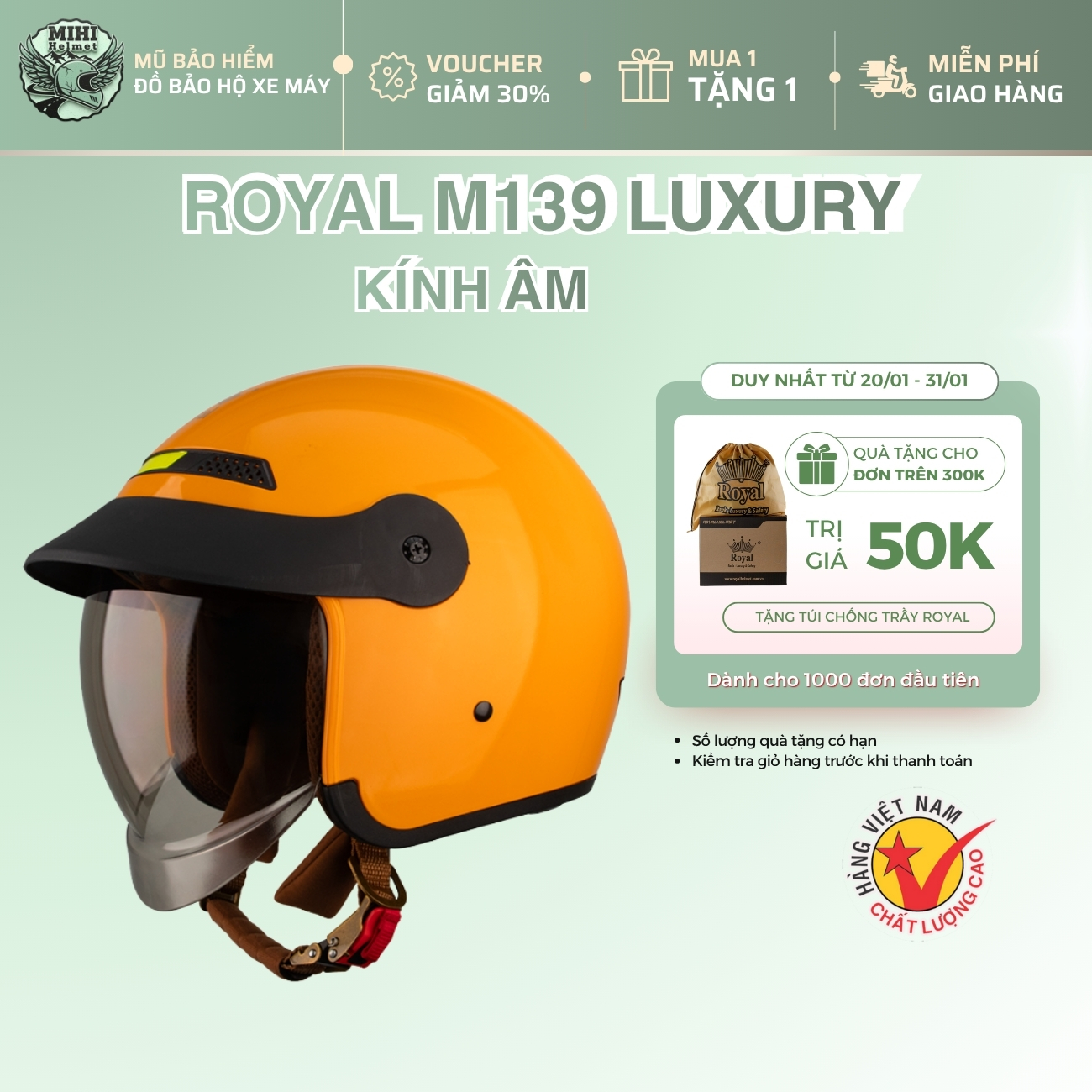 Royal M139 3/4 Helmet - Glossy Yellow, Heavy-Duty Abs Shell, Fashionable, Large Form Design, Good Price - Mihi Giá 700,000 Đồng*Miễn phí vận chuyển