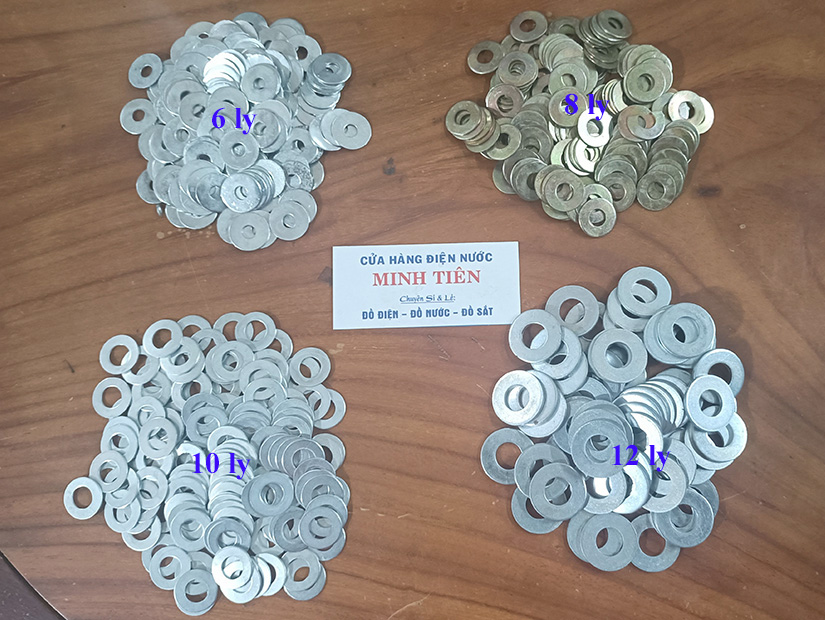 10 long đền, lông đền, vòng đệm cho bù lon 6 ly, 8 ly, 10 ly, 12 ly.