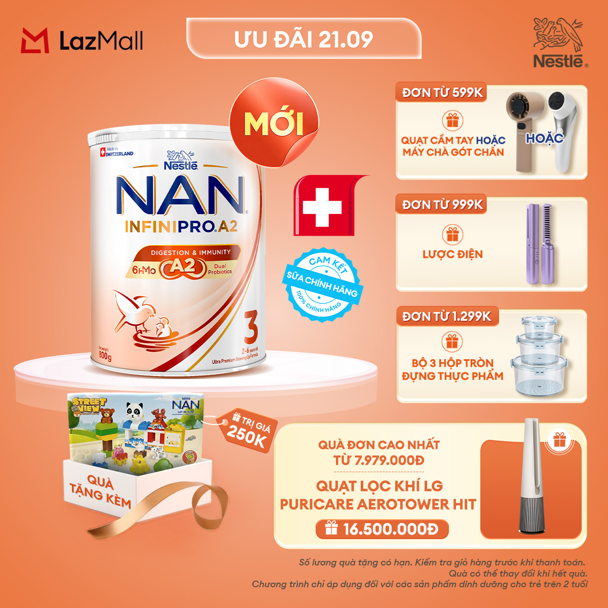 [CHỈ 21.09 QT ĐƠN 599K/999K/1299K][Tặng Bộ đồ chơi xếp khối đường phố] Sữa bột Nestle NAN INFINIPRO A2 3 800g Cho Bé 2 - 6 Tuổi Có Đạm A2, 6HMO  Lợi Khuẩn Kép hỗ trợ tiêu hóa, đề kháng