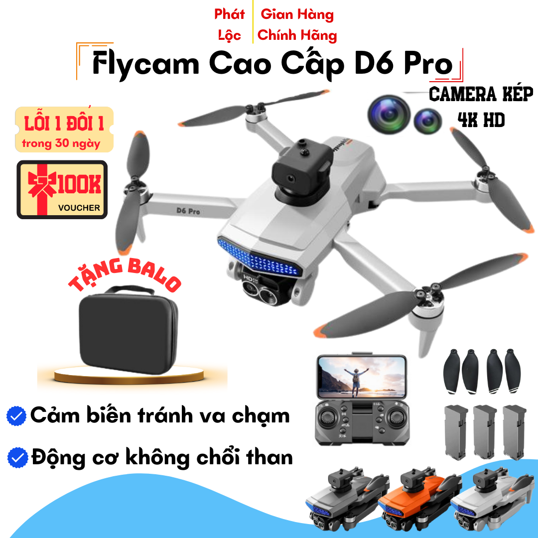 Máy Bay Flycam Drone Camera 8K Flaycam D6 Pro Cảm Biến Chống Va Chạm Máy Bay Điều Khiển Từ Xa 4 Cánh Định vị G.P.S tự quay về không chổi than bay 25 phút tầm xa 3000m