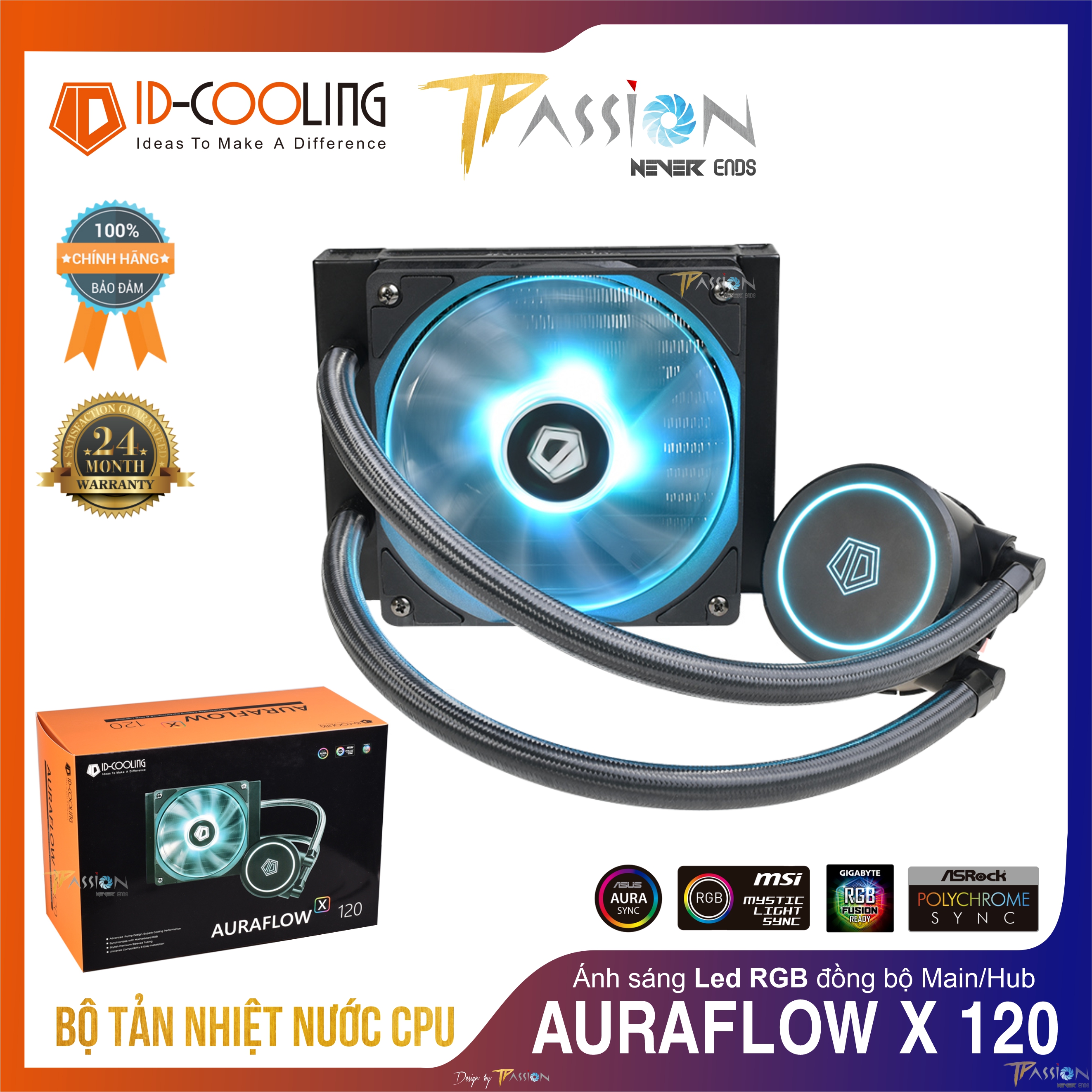 Tản nhiệt nước CPU AIO ID-Cooling AURAFLOW X 120 RGB- Chính hãng, LED RGB 12V 4Pin đồng bộ, hiệu năng cao, nhỏ gọn