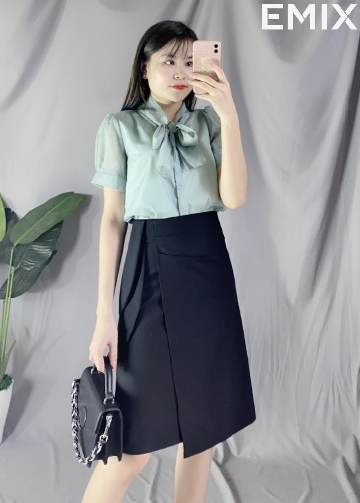 Áo Sơ Mi Công Sở Cổ Nơ 2 Lớp EMIX